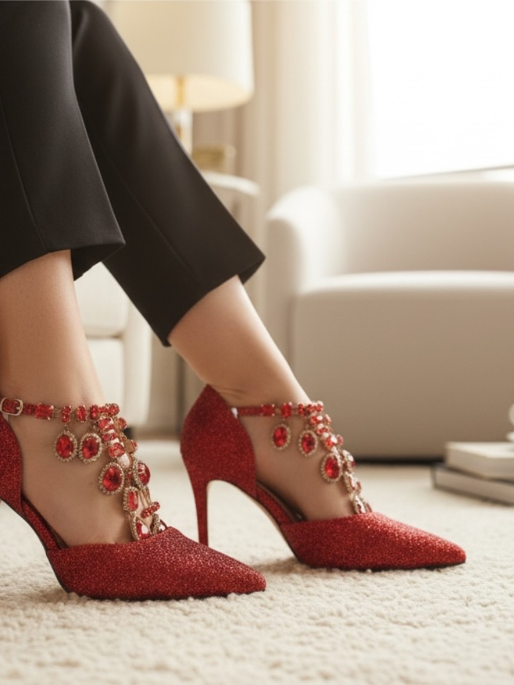 One of a Kind Italian Made Red Glitter Jeweled Rhinestone Skinny 3.5" Metal Heel